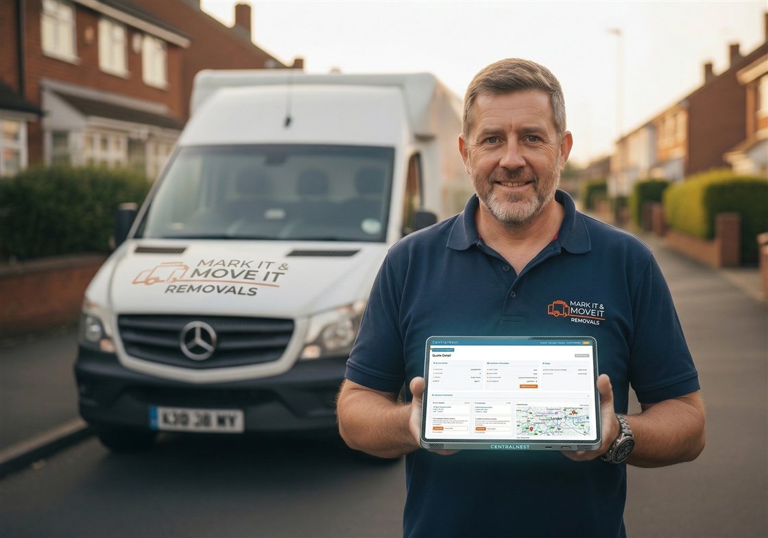 Mark, owner of a UK removal company, holding a tablet showing the CentralNest quoting portal while standing in front of his removal van