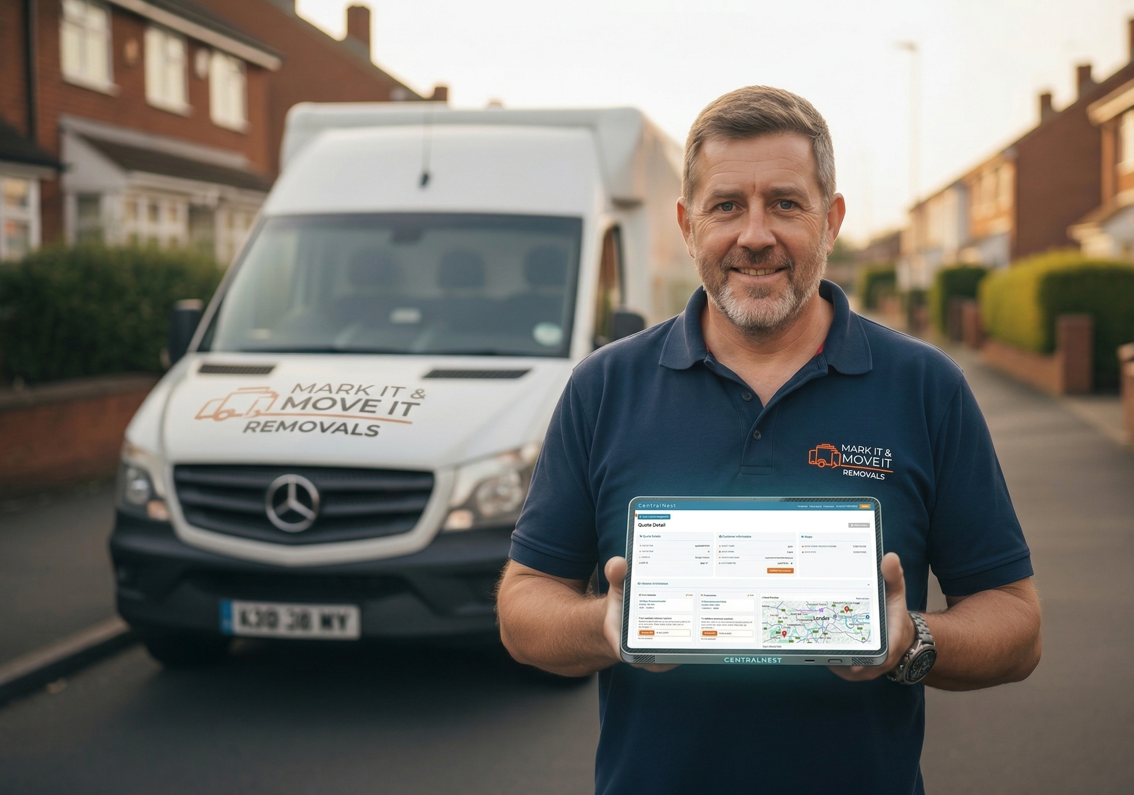 Mark, owner of a UK removal company, holding a tablet showing the CentralNest quoting portal while standing in front of his removal van
