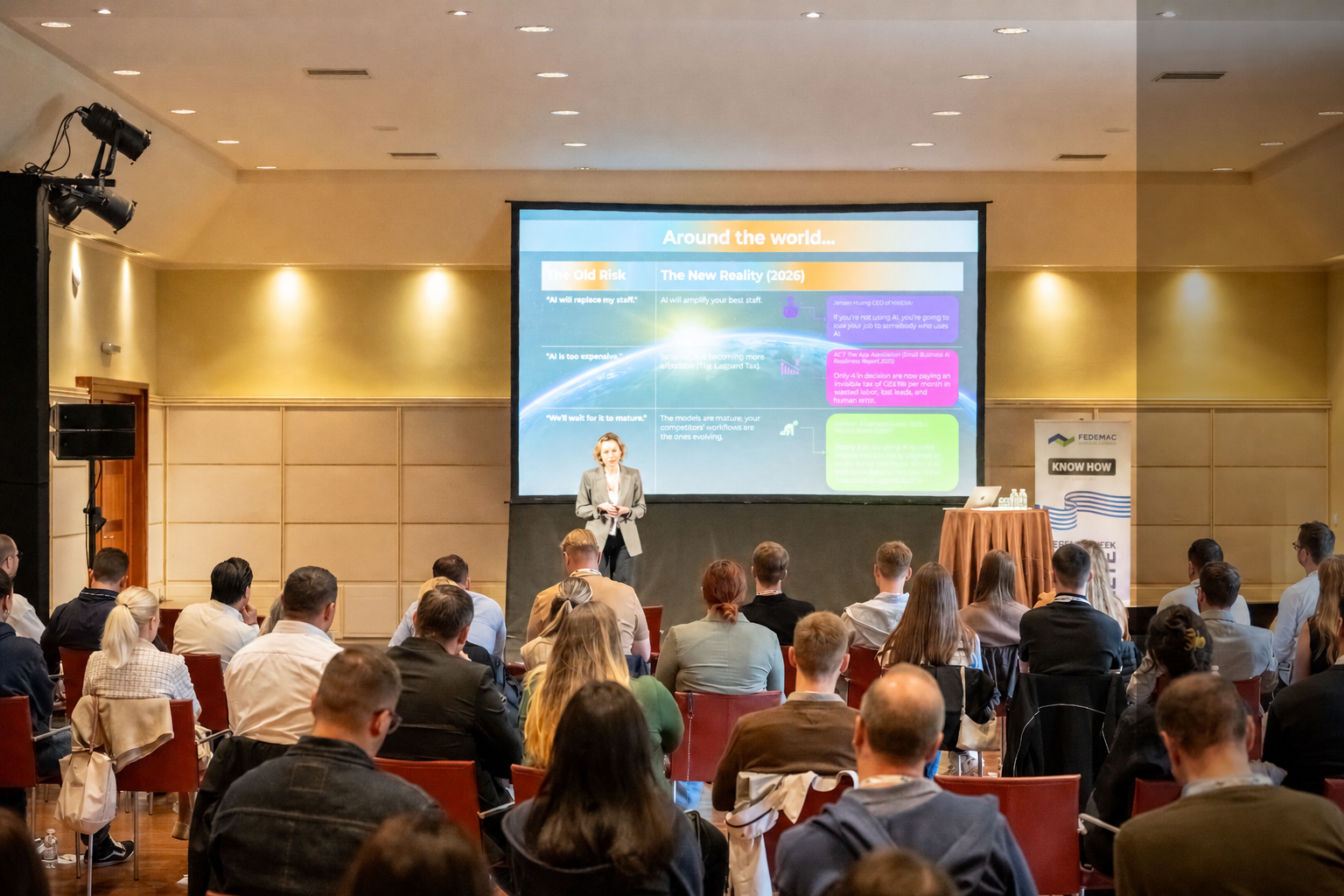 Full room view of the audience during The AI-Powered Mover session at FEDEMAC & YMC, Crete